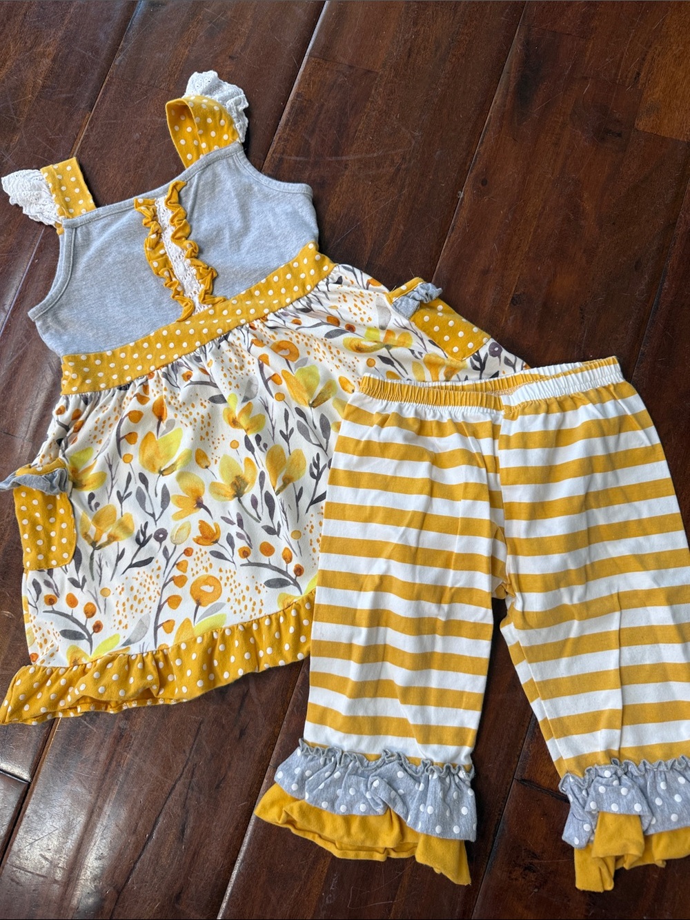 Girls Yellow Floral & Stripe Matching Set - Dress and Capri Pants